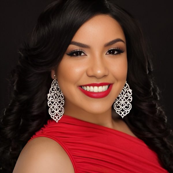 Woman in red dress with earrings