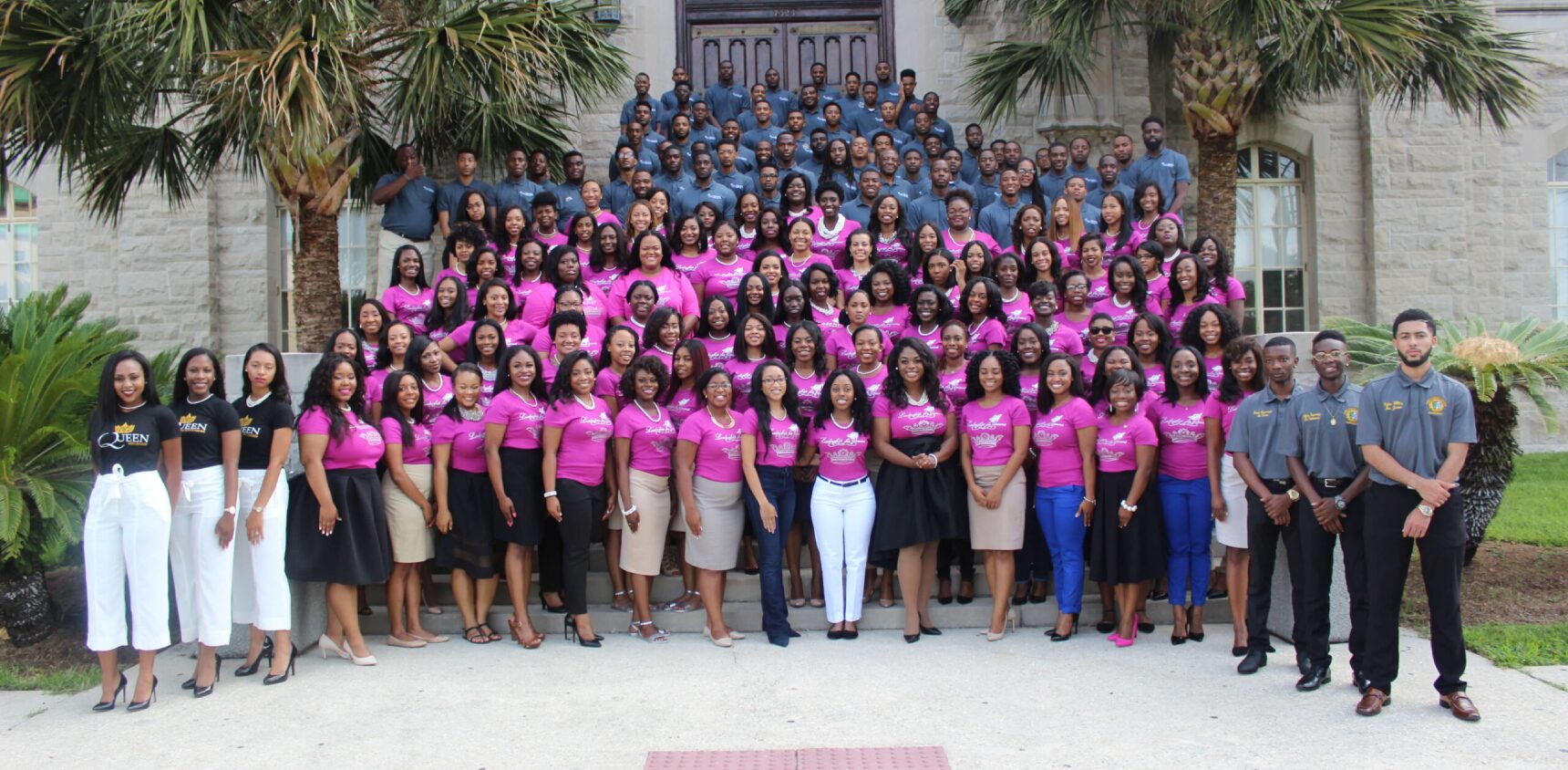 People gathered in coordinated outfits