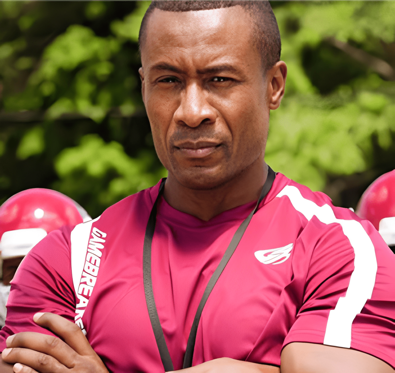 Serious coach with crossed arms