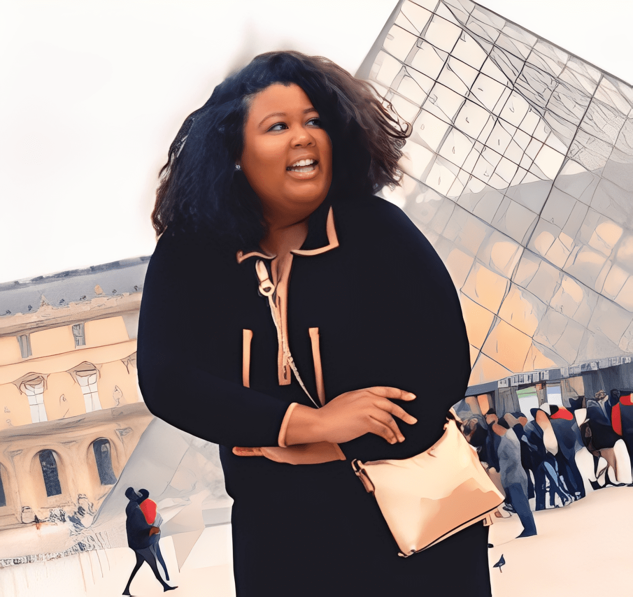 Woman posing near glass pyramid structure