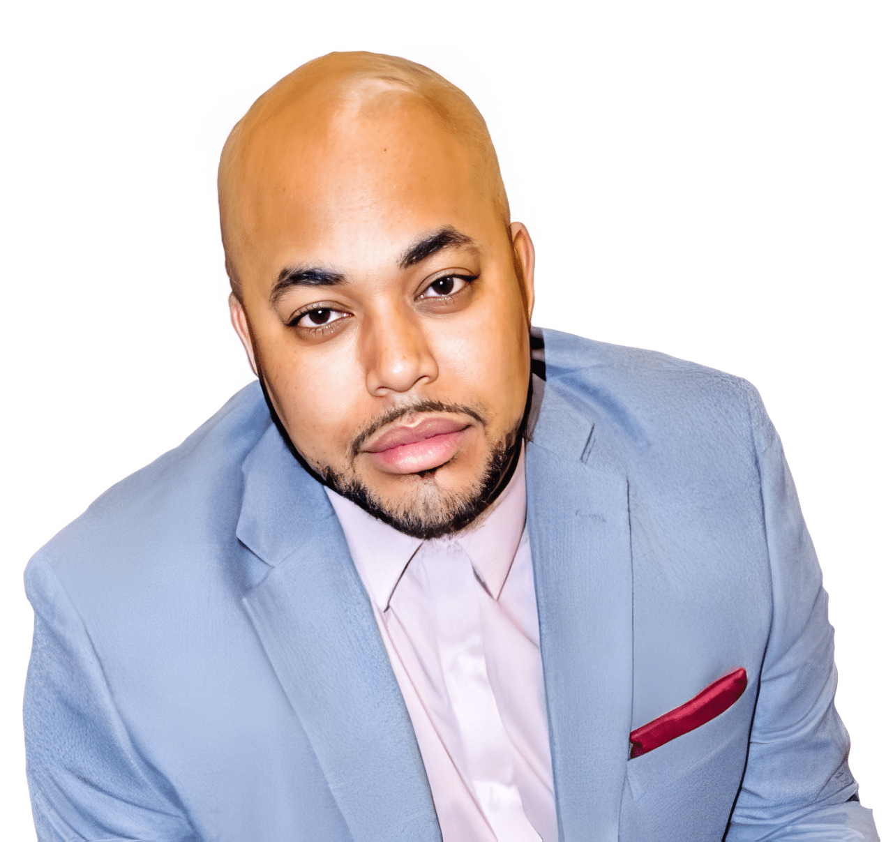 Bald man in a light blue suit