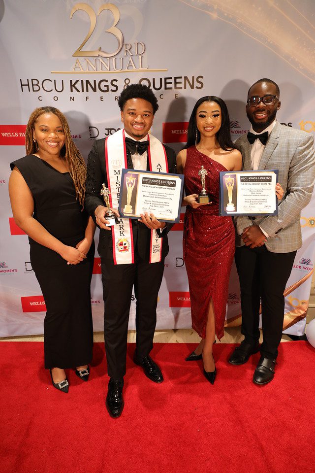 Four people posing at an HBCU Kings & Queens event with awards.