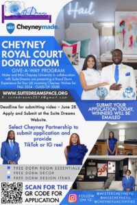 Flyer promoting Cheyney Royal Court Dorm Room scholarship program for students.